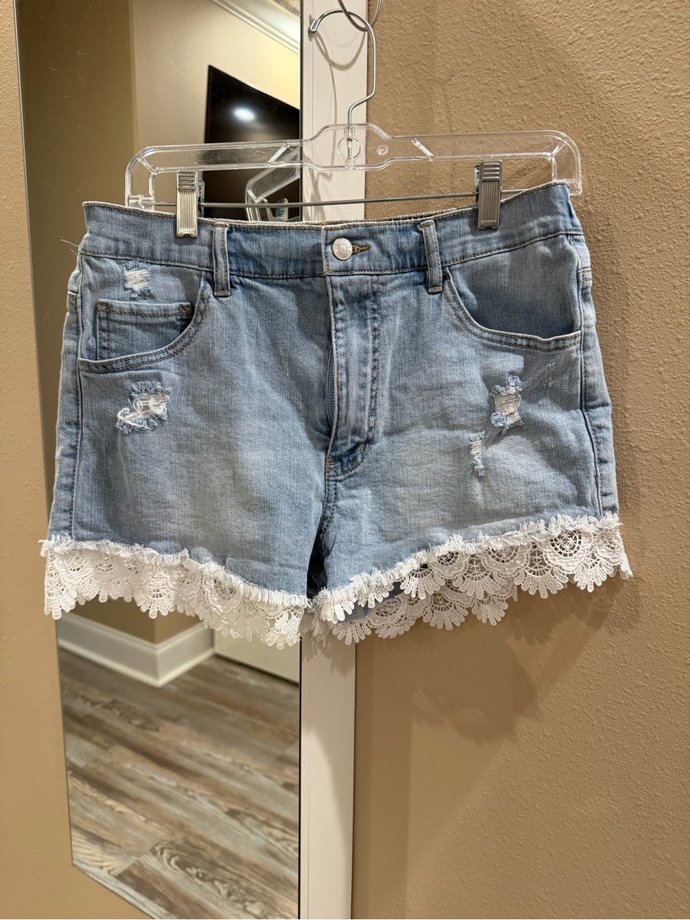 Light Blue Denim Lace-Hem Jean Shorts